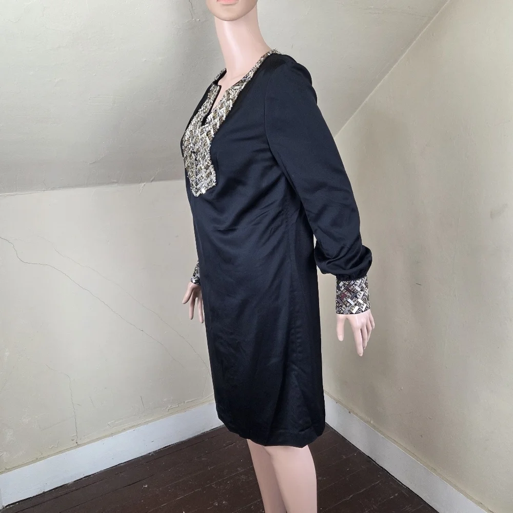 Tory Burch Black Embellished Shift Dress Size 8 Long Sleeve Beaded Neckline